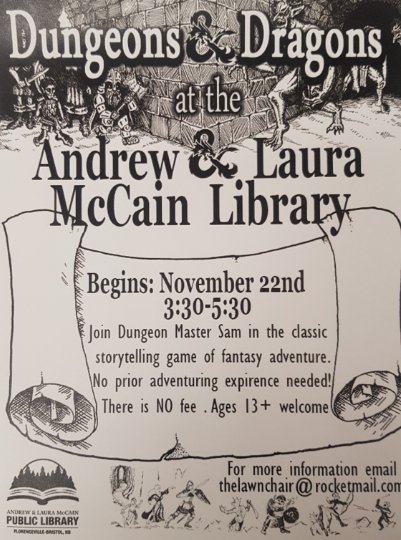 cnhsstars's tweet image. CNHS alumni, Dungeon Master Sam, is holding Dungeons &amp;amp; Dragons for youth ages 13+ at the @ALMcCainLibrary. Check out the poster for more details!