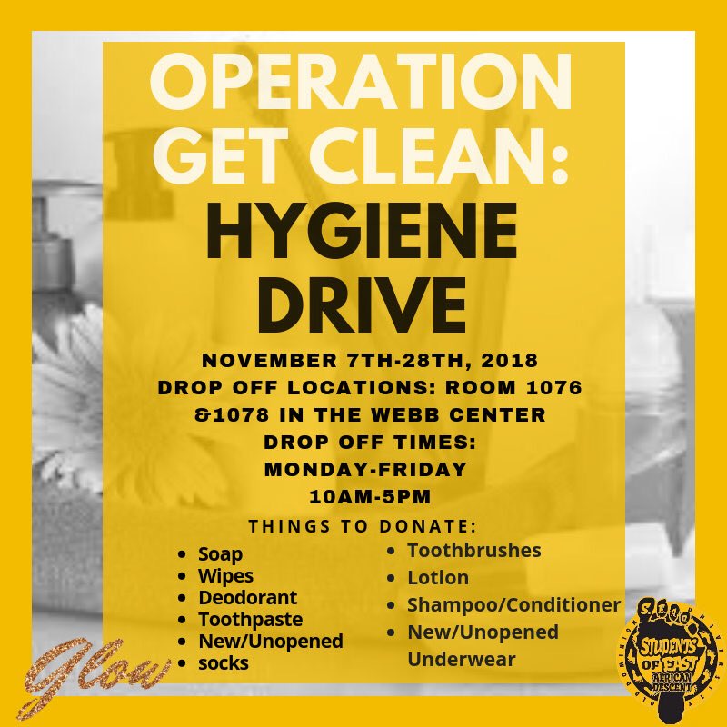 GLOW_ODU's tweet image. Help support a great cause by donating hygiene items for the homeless and the less fortunate! Please drop off any of the items listed above to the offices of @glow_odu and @_odusead ✨✨✨