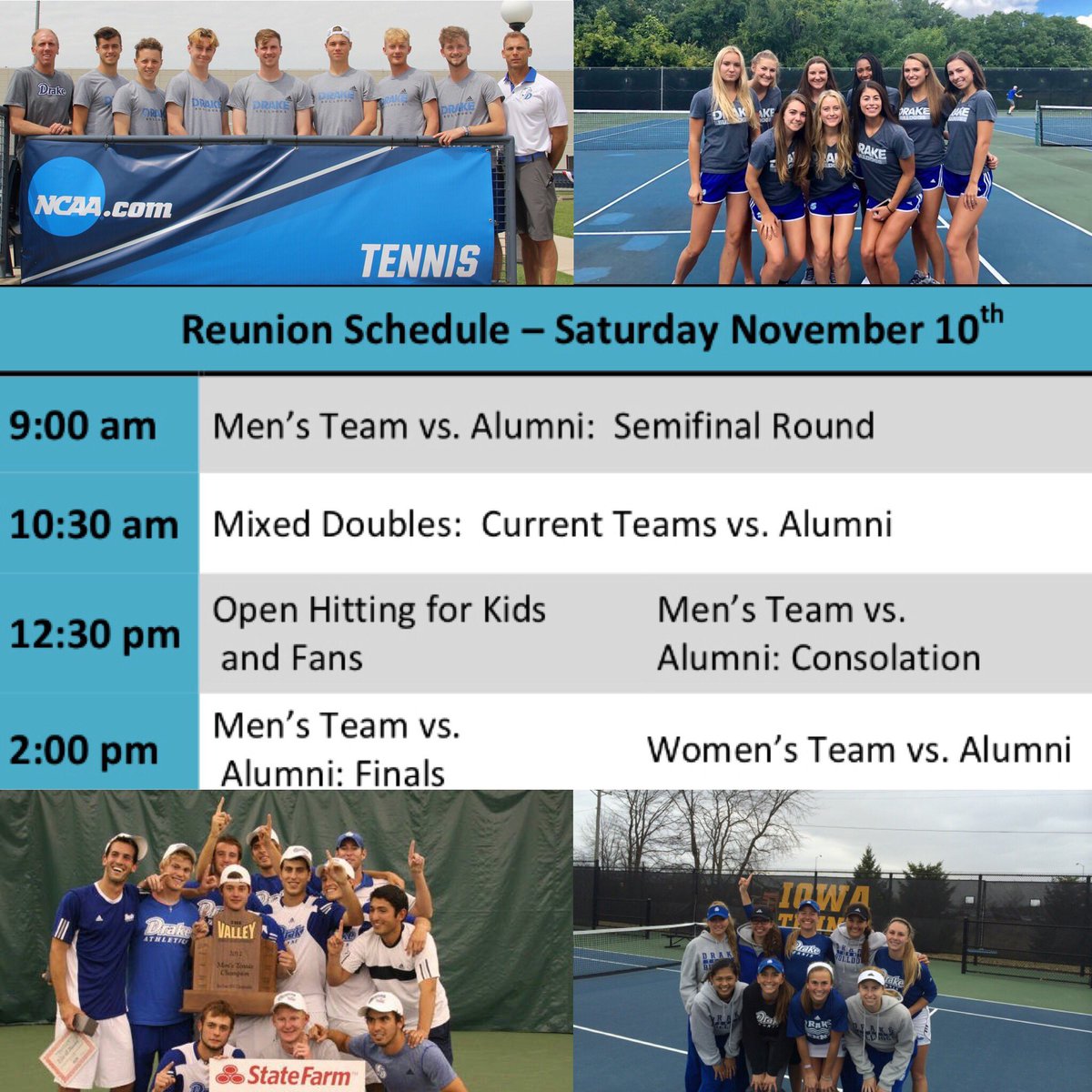 DrakeWTEN's tweet photo. Bulldogs 🎾 face-off against Drake Tennis Alumni 🔜 Saturday Nov. 10th📍Roger Knapp Tennis Center 

Fans are invited to watch the matches and there will be an open hitting session in between matches at 12:30! #alumnimatch  #drizzytennis #outworkandouthustle https://t.co/hKuVUKgcRE