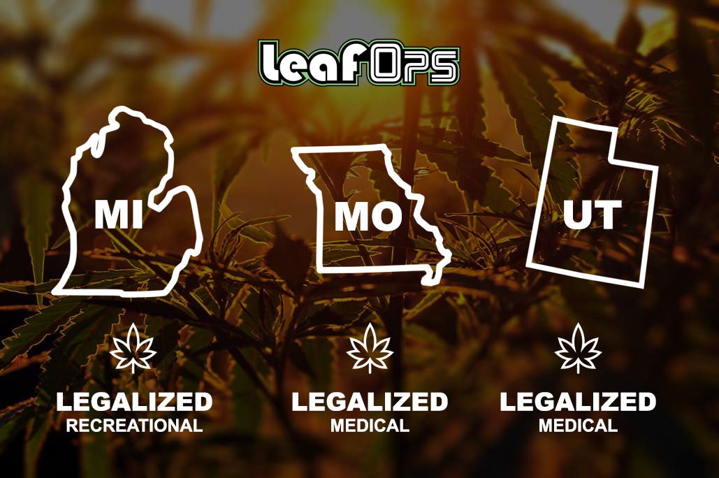 LeafOpsApp's tweet image. HUGE Day for the cannabis industry! Congratulations to MI, MO, and UT on taking big steps towards ending prohibition. Also, buh bye Jeff Sessions 👋