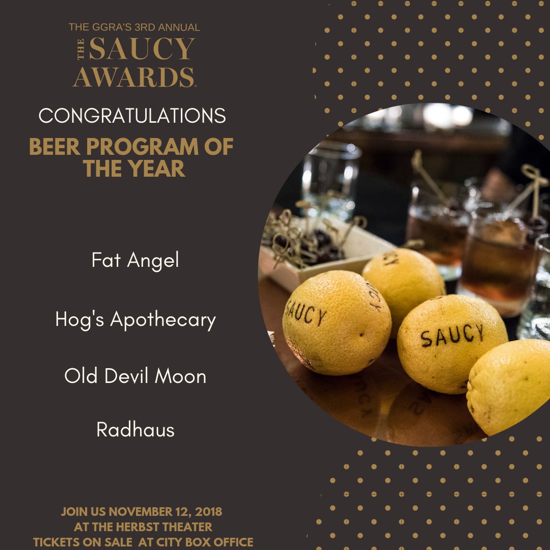 Congratulations #Saucys18 Beer Program of the Year nominees: @radhaus_sf, <a href="/FatAngelSF/">Fat Angel</a>, <a href="/HogsApothecary/">The Hog's Apothecary</a>, <a href="/OldDevilMoonSF/">Old Devil Moon</a>

Join us at the #SaucyAwards! Buy your tickets here: bit.ly/2SuiA3C