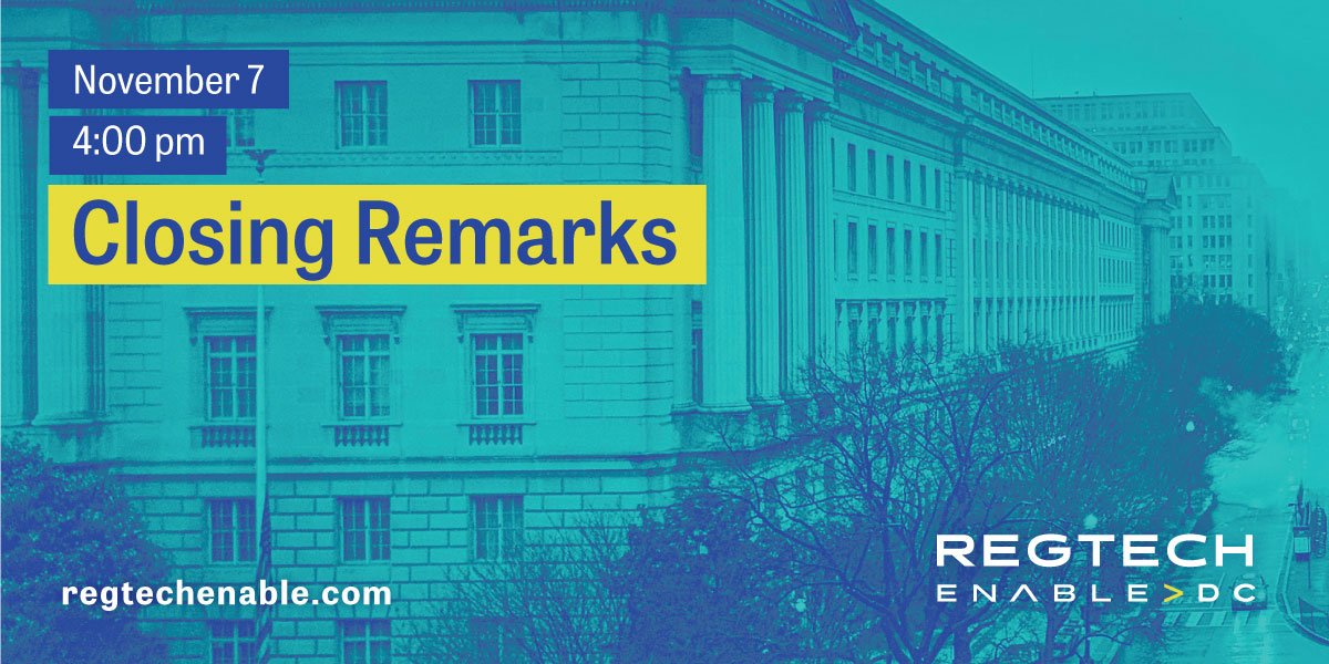 RegTechEnable's tweet image. Thank you for your participation in the second annual #RegTechEnable conference. Join us one last time in Independence Ballroom D to close out two full days of strategic discussions on the intersection of #regulation and #technology.