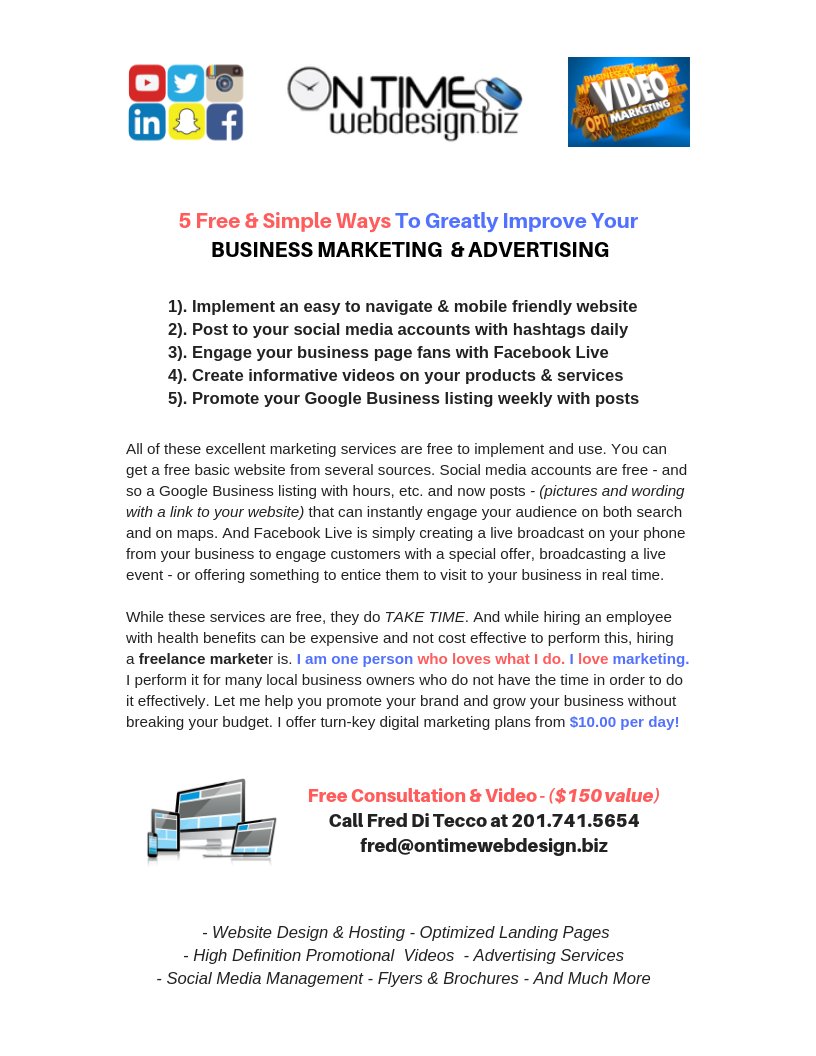 OTWebDesign's tweet image. Affordable website design, social media management, flyers, postcards, custom videos, e-mail and text campaigns! #bergencounty #pascackvalley #passaiccounty #paramus #waynenj #northjerseybusiness Call for a Free Consultation: 201-741-5654. ontimewebdesign.biz.