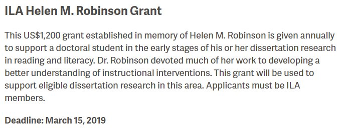 ILAToday's tweet image. Are there any doctoral students out there just beginning their dissertation research? Check out the ILA Helen M. Robinson Grant for a chance at some additional funding: literacyworldwide.org/about-us/award…