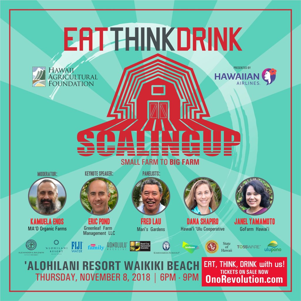 Last chance to join us for EAT THINK DRINK: Scaling Up––Small Farm to Big Farm! The event starts at 6pm with keynote speaker Eric Pond and a panel discussion with Fred Lau @MarisGardens, Dana Shapiro #HawaiiUluCooperative, and Janel Yamamoto <a href="/GoFarmHawaii/">GoFarm Hawaii</a>.