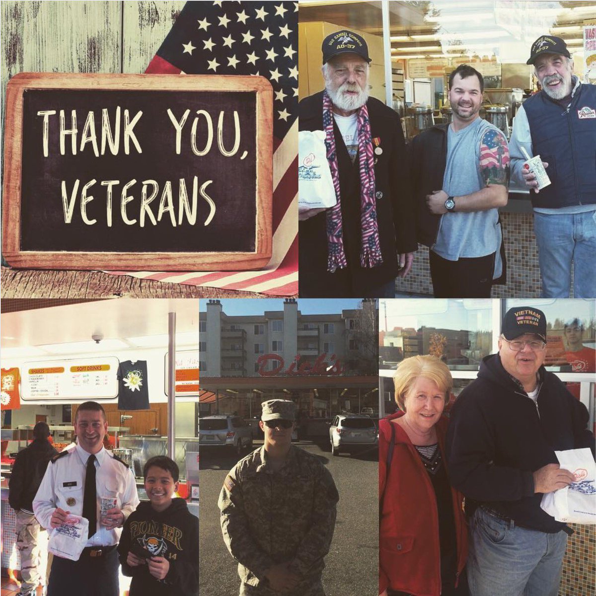 DicksDriveIns's tweet photo. All #veterans and #activeservicemembers will receive a free meal from any #dicksdrivein location on 11/11 and 11/12.
We will also be asking for customers to Round Up for Charity from 11/9-11/12 to support @compasshousing programs, helping homeless veterans in our communities. https://t.co/g4RdmsRv2e
