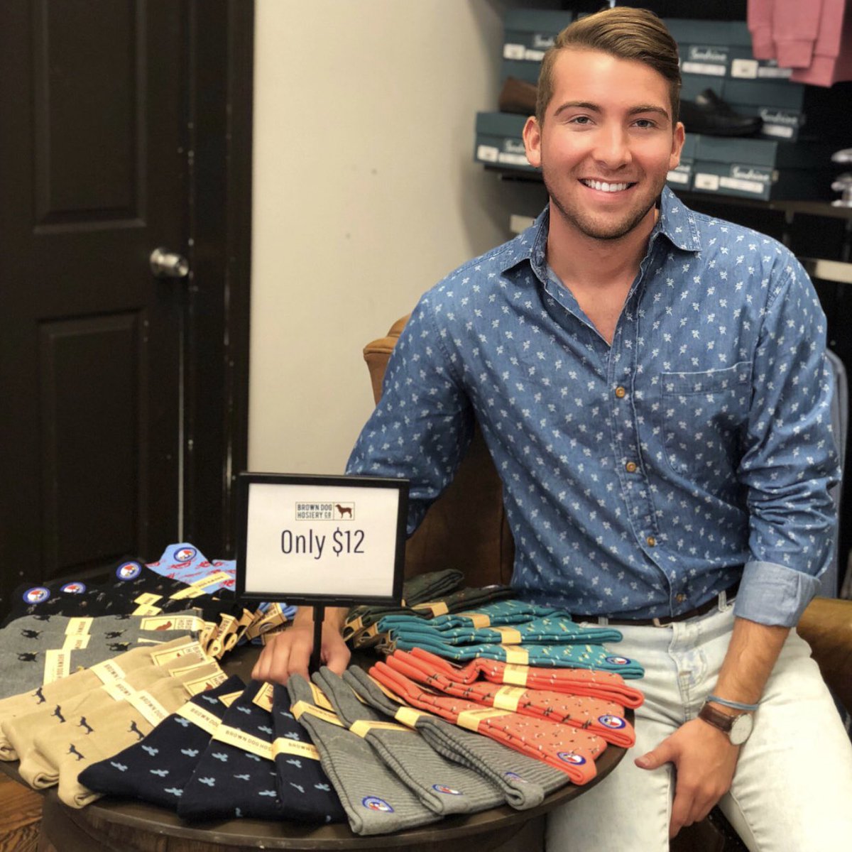 SquireShop's tweet photo. Facts about our Manager Ryan Jay Phillips: Navy is his favorite color, can’t speak Spanish, and he enjoys eating Reece’s on hotdogs so for that reason we’re out... https://t.co/u8jd5UhRgF