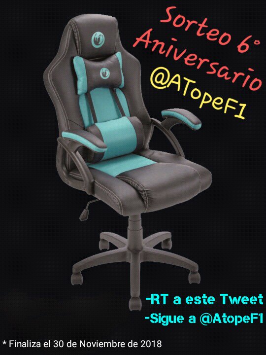 AtopeF1's tweet photo. 🎁 #SORTEO #6ºAniversario 🎁

Cumplimos 6 años y lo queremos celebrar sorteando una Silla Gaming de @NacongamingES la Nacon PCCH-300.

Para participar:
➡ RT a este Tweet
➡ Seguir a @AtopeF1

📆 Finaliza el 30 de Noviembre de 2018.

¡¡¡Mucha suerte a todos!!! https://t.co/X8rLsScjiu