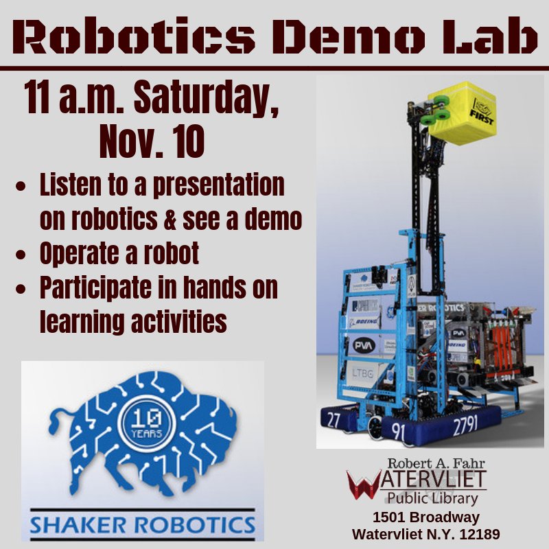 WTVLTPubLibrary's tweet image. Come visit at us at the library Saturday morning for a great robotics demonstration. There will be opportunities to operate a robot and participate in hands on activities. #weloveourlibrary #techliteracy