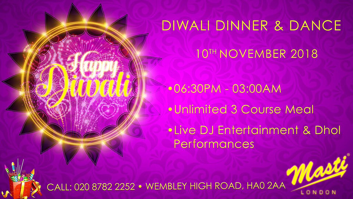 💥MASTI LONDON WISHING EVERYONE A HAPPY DIWALI🎊
🎉BE SURE NOT TO MISS OUR SPECIAL DIWALI DINNER &amp; DANCE! THIS SATURDAY 10TH NOVEMBER!🕺🏻💃🏻
🎧Hosted By Bass Inject Entertainment DJ's Playing The Best of Bollywood, Bhangra &amp; Top English Chart Numbers!🎼
📞CALL: 020 8782 2252