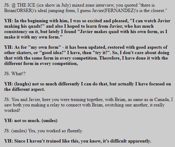 Finlandia 2012 (1/2)YH: In the beginning with him, I was so excited and pleased, "I can watch Javier making his quads!" and also I hoped to learn from Javier, who has much consistency on it, but lately I found "Javier makes quad with his own form, as I make it with my own form."