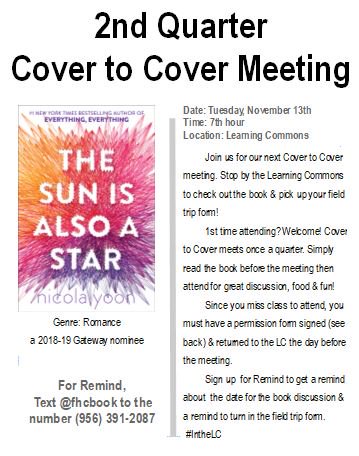 It is almost time to experience a taste of New York while discussing The Sun is Also a Star! Get your field trip forms in the LC. #fhcreads