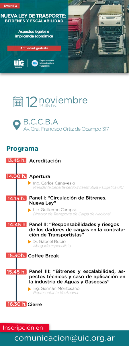 QPlusSoftware's tweet image. #INVITACIÓN #SinCargo Evento anual "Nueva ley de transporte: bitrenes y escalabilidad. Aspectos legales e implicancia económica."
12 NOV 13:45hs. en el auditorio de la Bolsa de Cereales de Córdoba.
Para inscripciones: bit.ly/2SeNRI3