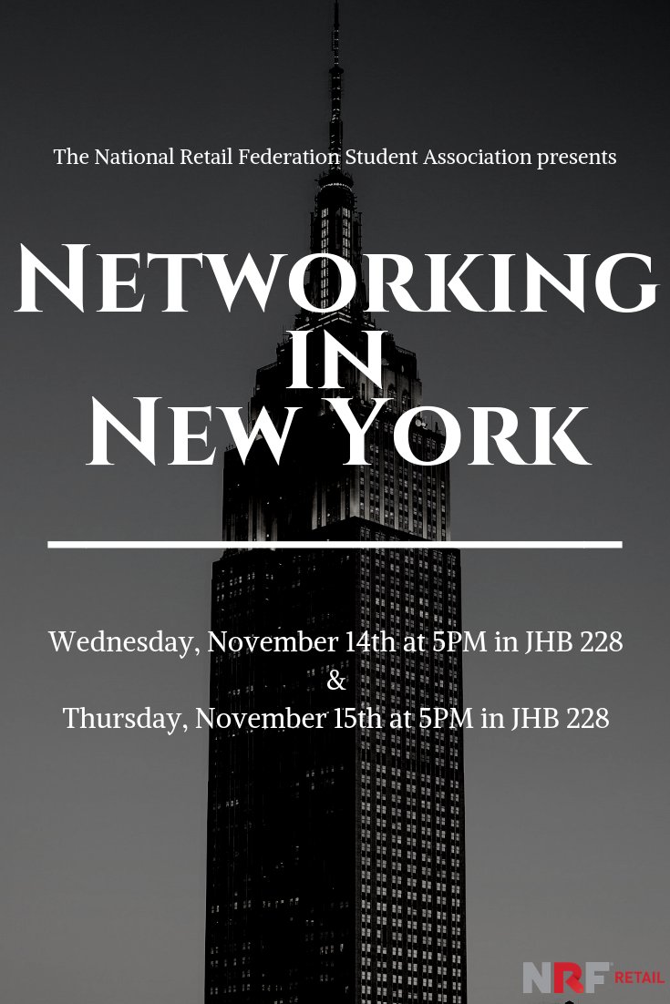 The NRF Student Program is just around the corner!! To make sure our students are prepared, we're hosting a prep day to discuss networking, interviewing, and more information regarding NRF Big Show. Join us!! This is a MANDATORY meeting for those planning to attend in January :).