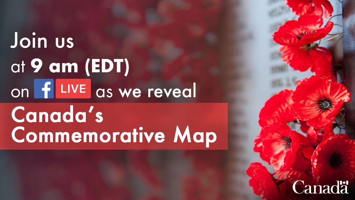 NRCan's tweet photo. Join our Facebook Live event at 9 a.m. tomorrow as Minister Sohi and PS Lauzon from @VeteransENG_CA release an interactive map to recognize the brave Canadians who fought for our country. #CanadaRemembers #LestWeForget #OpenMaps https://t.co/rSDQ9K6VQJ
