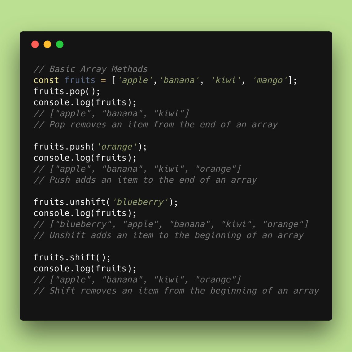 ashu_js's tweet photo. Basic Array methods -
-
#javascript #array #java #womenintech #frontenddev #webdesign #website #coder #worldcode #100daysofcode #women #womenintech #html #css #tech #programming #lovecoding #ashujs https://t.co/ss4eM1q5TG