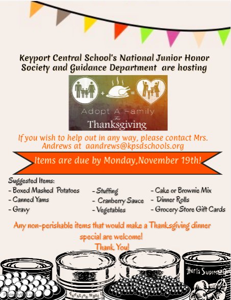 KCS_NJHS's tweet image. Please consider donating to KCS's NJHS Adopt a Family for Thanksgiving! Specific homerooms will be creating individual baskets, however, any additional items are greatly appreciated!