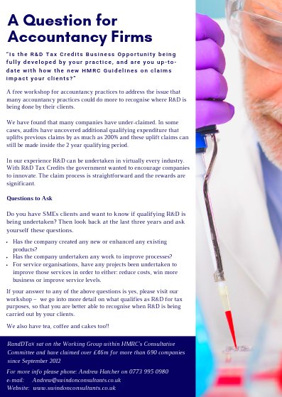 Swindon Consultants are hosting a workshop for accounting firms, answering questions about serious misconceptions related to R&amp;D tax Credits. #accountants #swindon