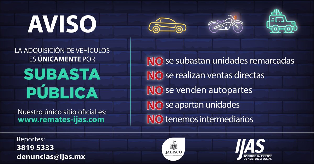 IJASJalisco's tweet photo. ¡Participa en la #SubastaIJAS del 14 de noviembre! 

#Recuerda:
NO se subastan unidades remarcadas
NO se realizan ventas directas
NO se venden autopartes
NO se apartan unidades
NO tenemos intermediarios

Consulta las unidades participantes en: https://t.co/XCk1i5WmCk https://t.co/zGQ0ITnrmm