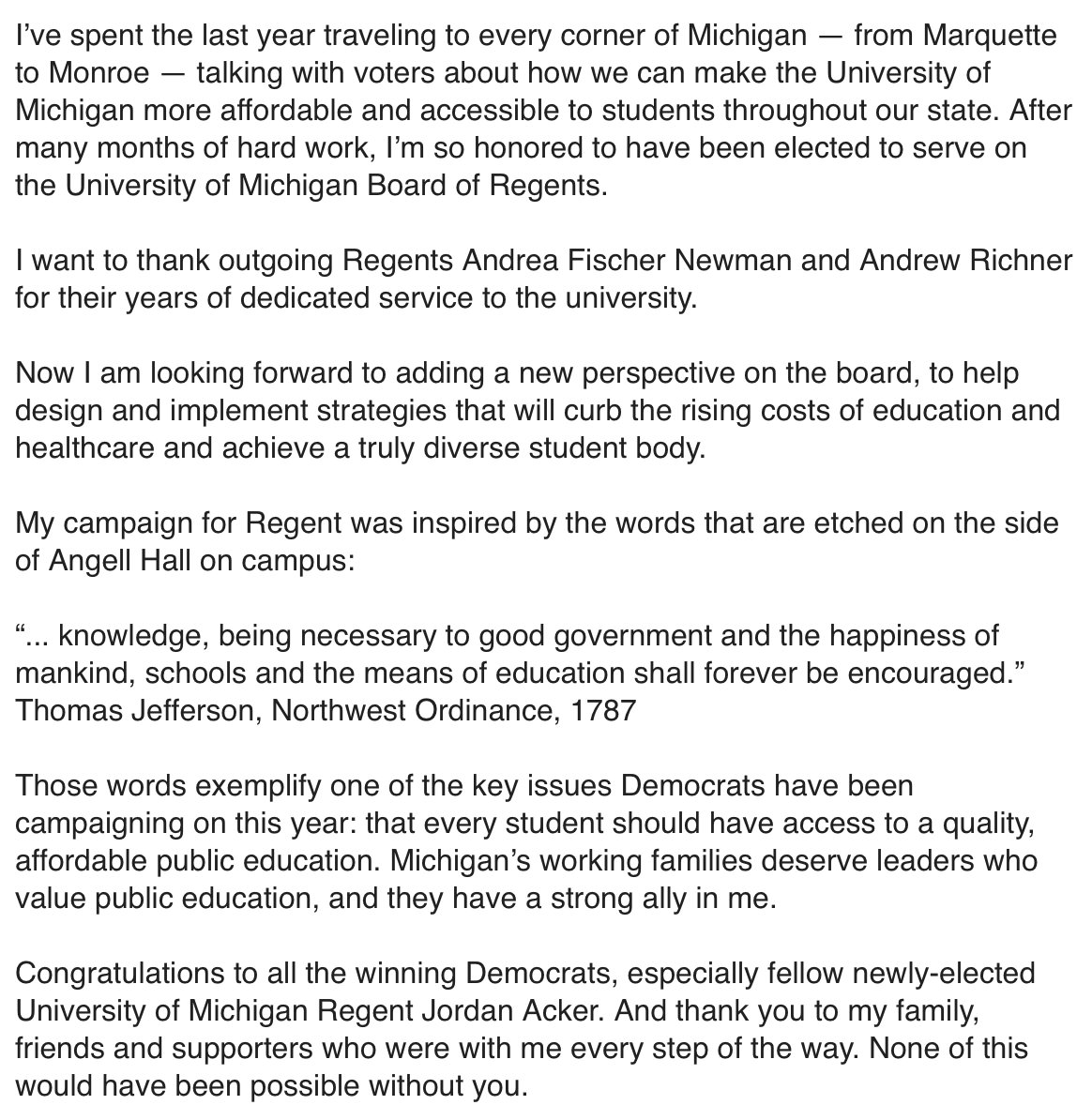 Friends, we did it!! Congrats to all the winning #Democrats, especially fellow newly-elected University of Michigan Regent <a href="/JordanAckerMI/">Jordan Acker</a>. And thank you to my family, friends and supporters who were with me every step of the way. #GoBlueVoteBrown