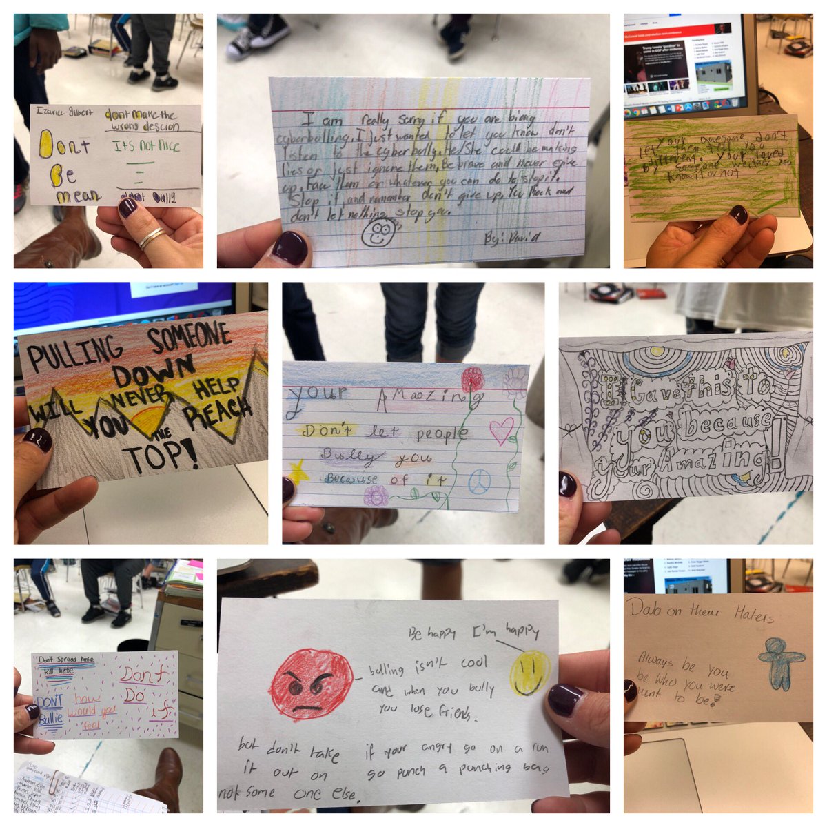 KBMitchell55's tweet photo. In One Athens Elective, during a Digital Citizenship lesson on cyberbullying, students created an “Upstander Card” to share whenever they came across someone who may need a pick me up—the results made my heart so full. 💛 https://t.co/YdRnQX7e4B