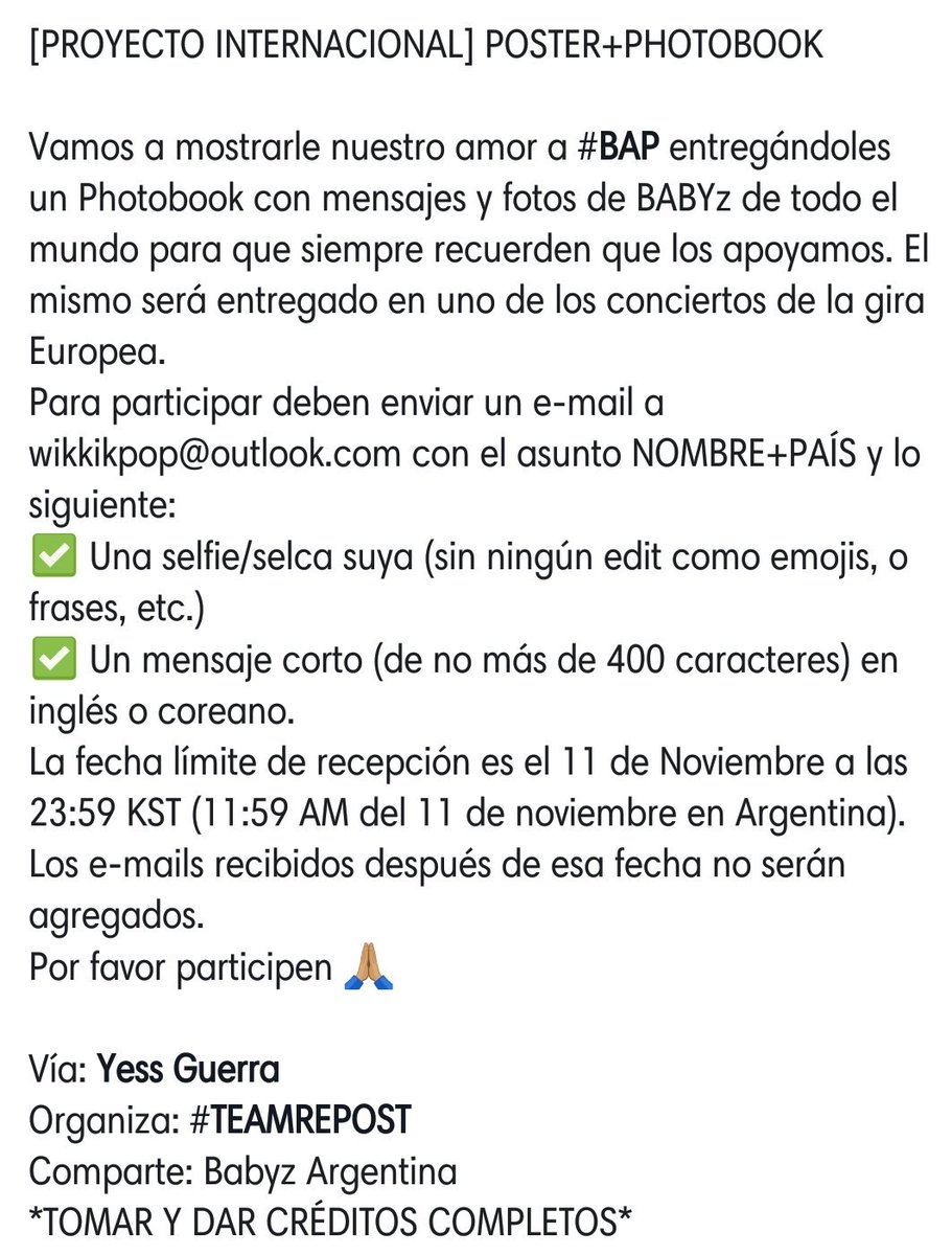 babyz_arg's tweet photo. [PROYECTO INTERNACIONAL] POSTER+PHOTOBOOK

¡Vamos a mostrarle nuestro amor a #BAP!

Vía: Yess Guerra
Organiza: #TEAMREPOST
Comparte: Babyz Argentina
*TOMAR Y DAR CRÉDITOS COMPLETOS* https://t.co/8PHGSul0ek