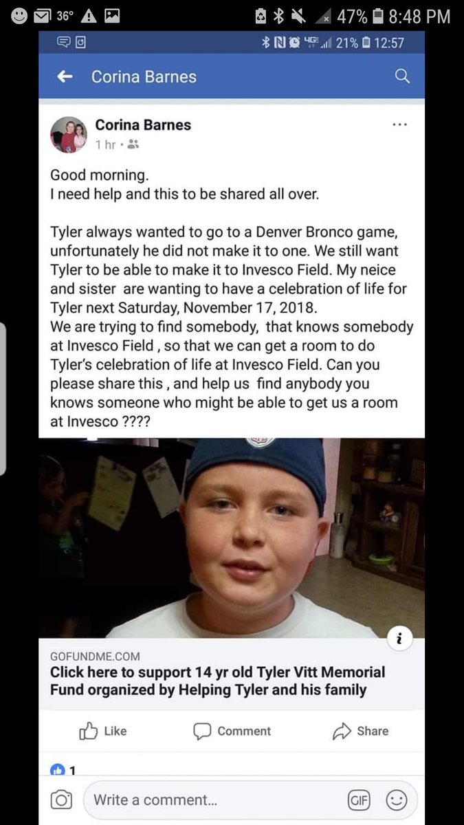 mathison_ashby's tweet photo. @VonMiller my 14 year old cousin got ran over by a car and passed away January 6th, 2018 at 1:44PM he loved the Denver Broncos but what never able to actual go to a game we are trying to find a way to have his celebration of life at Invesco Field
https://t.co/nFhDfSJrVU https://t.co/cUKtCwWgWJ