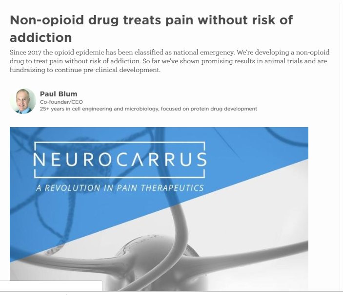 Neurocarrus's tweet photo. Our equity #crowdfunding campaign is live! Join us in our mission to treat pain without addiction and provide an alternative to opioids.

https://t.co/CTlfcOQrSK https://t.co/EWGuA7qz0W