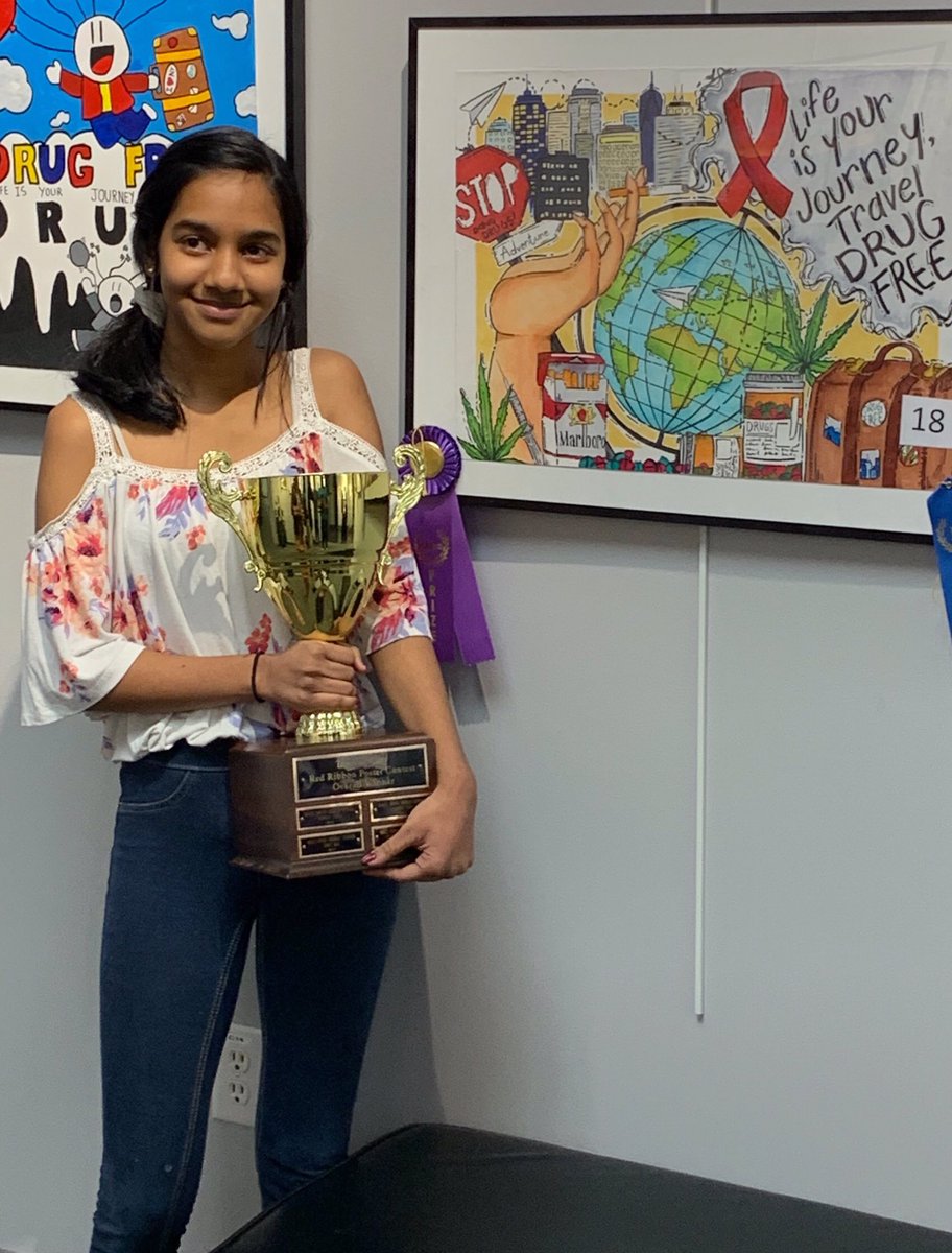 Congratulations to the 2x winner of the Red Ribbon poster contest - Janhavi from Davis Drive middle school!  This year, posters came from all 6 middle schools here in #CaryNC and are on display at Herb Young Community Center through Nov. 21!  #RedRibbon