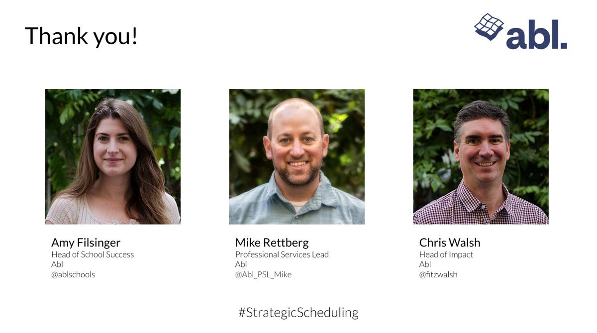 ablschools's tweet image. Thanks to our inspiring webinar panelists @fitzwalsh @Abl_PSL_Mike. Reach out to them with any questions and check your email for a link to the webinar recording!
#StrategicScheduling