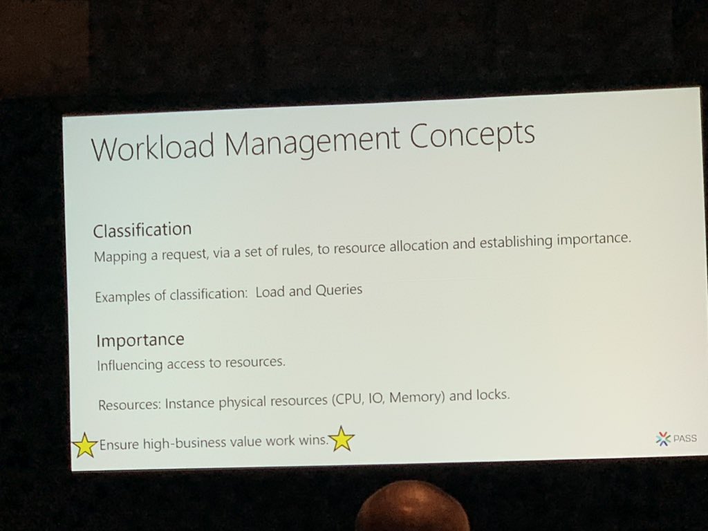 jamesrussellbi's tweet photo. Very interesting run-down of #WorkloadManagement in #SQLDatawarehouse by @RonOrtloff. A potentially very useful scenario when you need to ensure your CEO always has the highest priority for query execution #PASSSummit #AdatisDoesPASS https://t.co/bCfS99MpkO