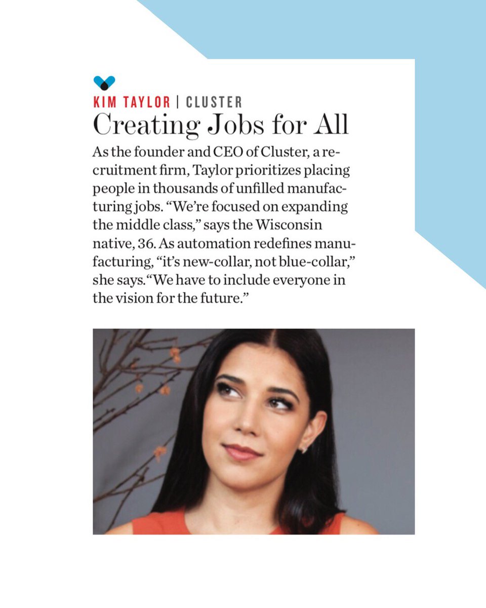 Clustermfg's tweet photo. "We have to include everyone in the vision for the future.” @KimmyTaylor, @Cluster’s CEO recognized by @People on list of #25WomenChangingTheWorld for her work to increase the middle class in America. 

@WomeninMFG 
#WiMHearHerStory
#WomeninManufacturing
#WomeninMFG
@MfgStories https://t.co/8b4QNcR6BC