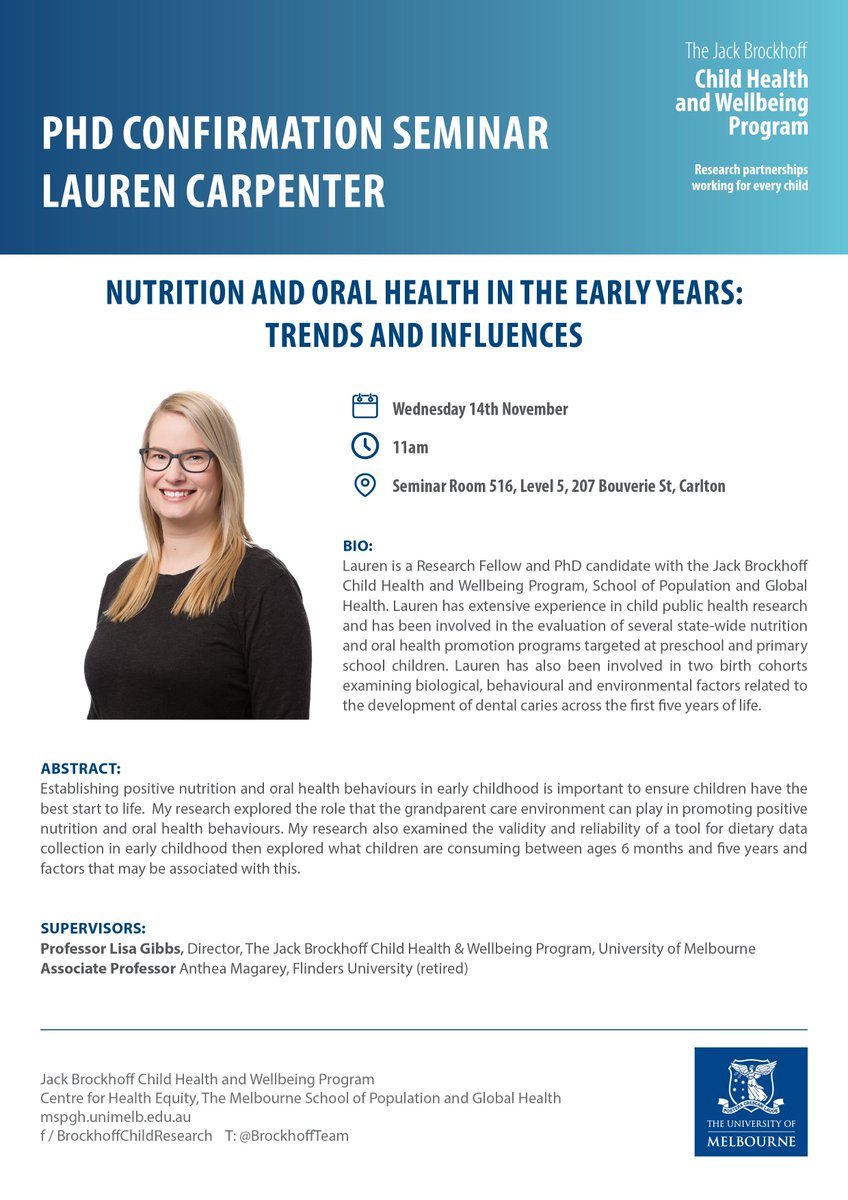 DCA_unimelb's tweet photo. Join us next Wednesday for @lmca22 PhD Completion Seminar '#Nutrition and #oralhealth in the early years: Trends and influences'.
#grandparent #care #environment #nutrition #oralhealth #behaviours #validity #reliability #dietary #datacollectiontool https://t.co/PsZZWTC12M