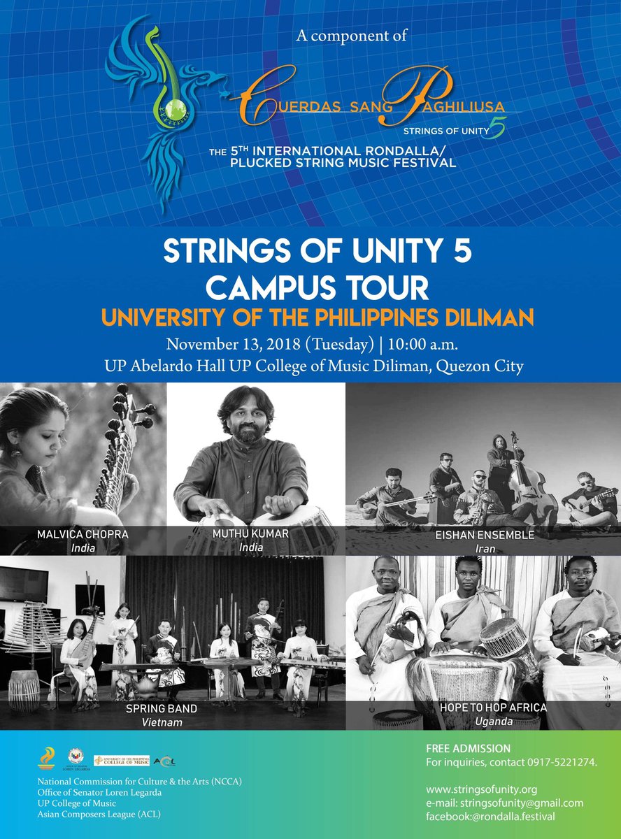 nikkidionisio's tweet photo. All are invited to the #RondallaFestival's groups on #pluckedstring instruments (Malvica & Muthu from India, #EishanEnsemble from Iran, #SpringBand from Vietnam & #HopetoHopAfrica from Uganda) on Tuesday, Nov 13@10am in UP Abelardo Hall. FREE ADMISSION.
#Cuerdas #StringsofUnity https://t.co/skNStimRcs