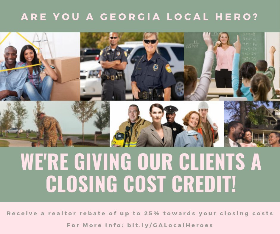 RealtorSharena's tweet photo. The Georgia Local Heroes Program is proud to honor our Local Heroes by offering significant savings on mortgage lending fees &amp; also Realtor commission rebates to help our Local Heroes purchase a home.
•
•
To be referred to the program check out: https://t.co/Nu2lfkbdvQ https://t.co/gKdpobukqG