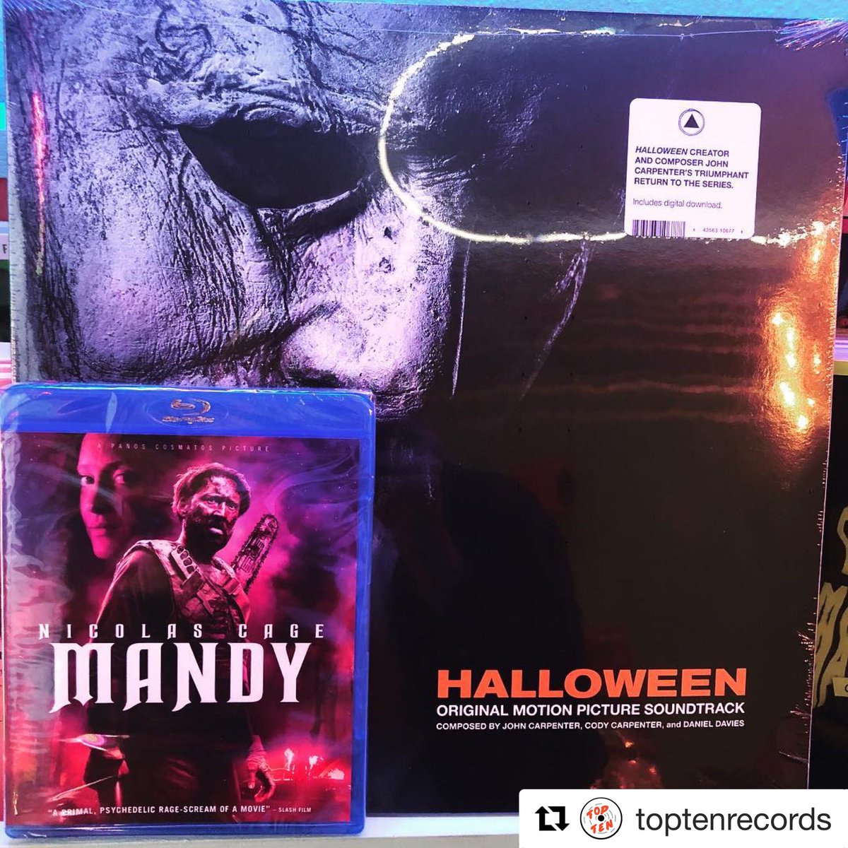 TexasTheatre's tweet photo. Halloween season isnโt quite over yet at #TopTenRecords ! They have the new @TheHorrorMaster / @SacredBones Halloween (2018) Soundtrack score on Vinyl + Everyoneโs favorite new Nick Cage freakout MANDY on Blu-Ray! - (Pre-Game for FACE/OFF Friday night!) https://t.co/FVXBKVMmkz