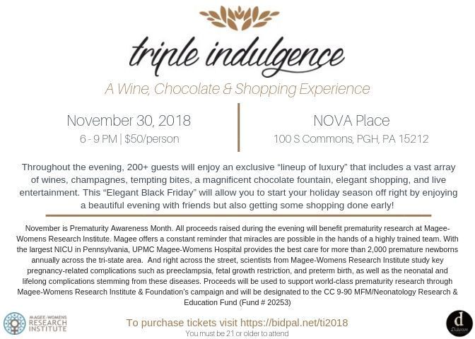 Join us November 30 for Triple Indulgence, an elegant evening of #wines, #chocolate and nearly 30 of Pittsburgh's finest vendors.  It's the one stop shop for everyone this holiday season! More details and tickets here: buff.ly/2OZkafY