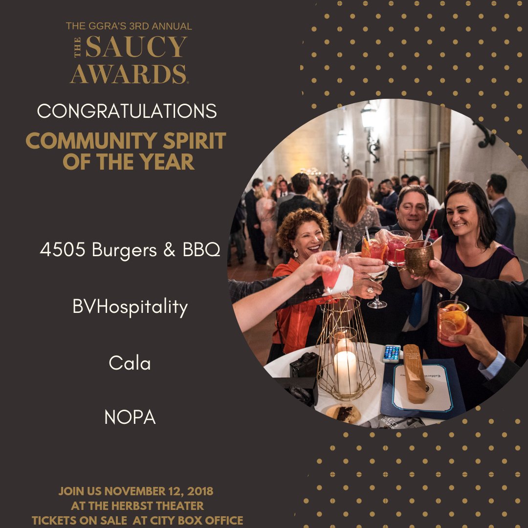 The nominees for Community Spirit of the Year award show community spirit through their actions and programs throughout the year. Congratulations <a href="/4505_Meats/">4505 Meats</a>, #CalaSF, <a href="/bonvivants_sf/">Bon Vivants Hospitality</a> , <a href="/nopa_restaurant/">NopaSF</a> on your nominations!

Buy tickets bit.ly/2SuiA3C