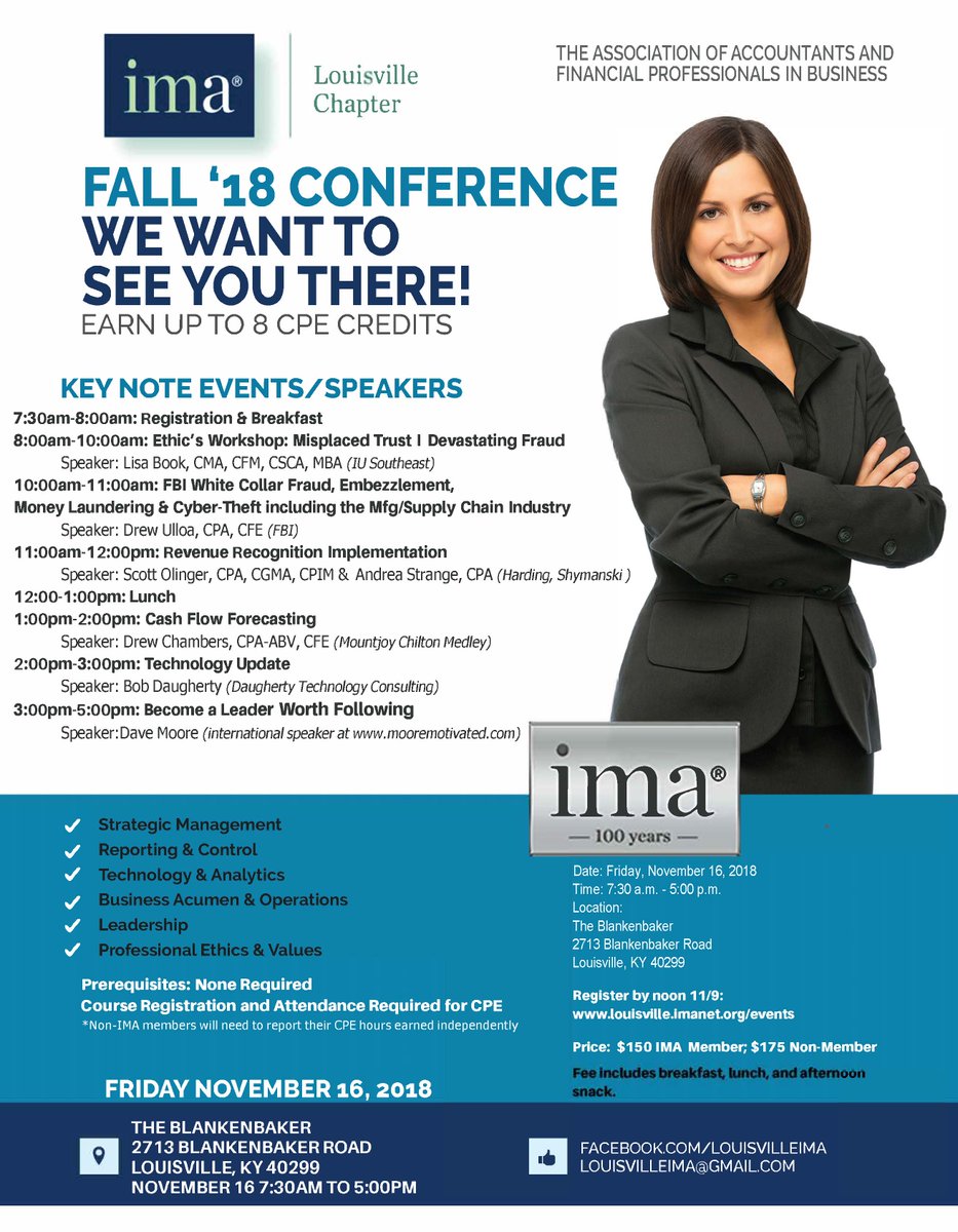 Attention #CMA's and CPA's: Registration ends at noon on Nov 9 for Louisville #IMA Fall Accounting Conference (8 CPE) on Nov 16 in Louisville, KY.  Conference topics are in line with <a href="/IMA_News/">IMA</a> Management Accounting Competency Framework.  Register at: louisville.imanet.org/events