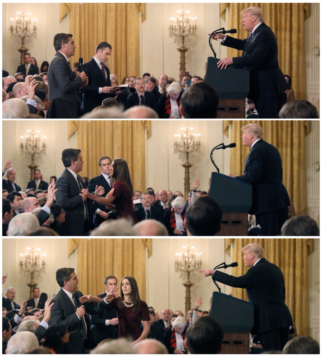 I was seated next to ⁦<a href="/Acosta/">Jim Acosta</a>⁩ at today’s press conference and did not witness him “placing his hands” on the young intern, as the White House alleges. He held on to the microphone as she reached for it. The ⁦<a href="/Reuters/">Reuters</a>⁩ pictures below depict what happened accurately.