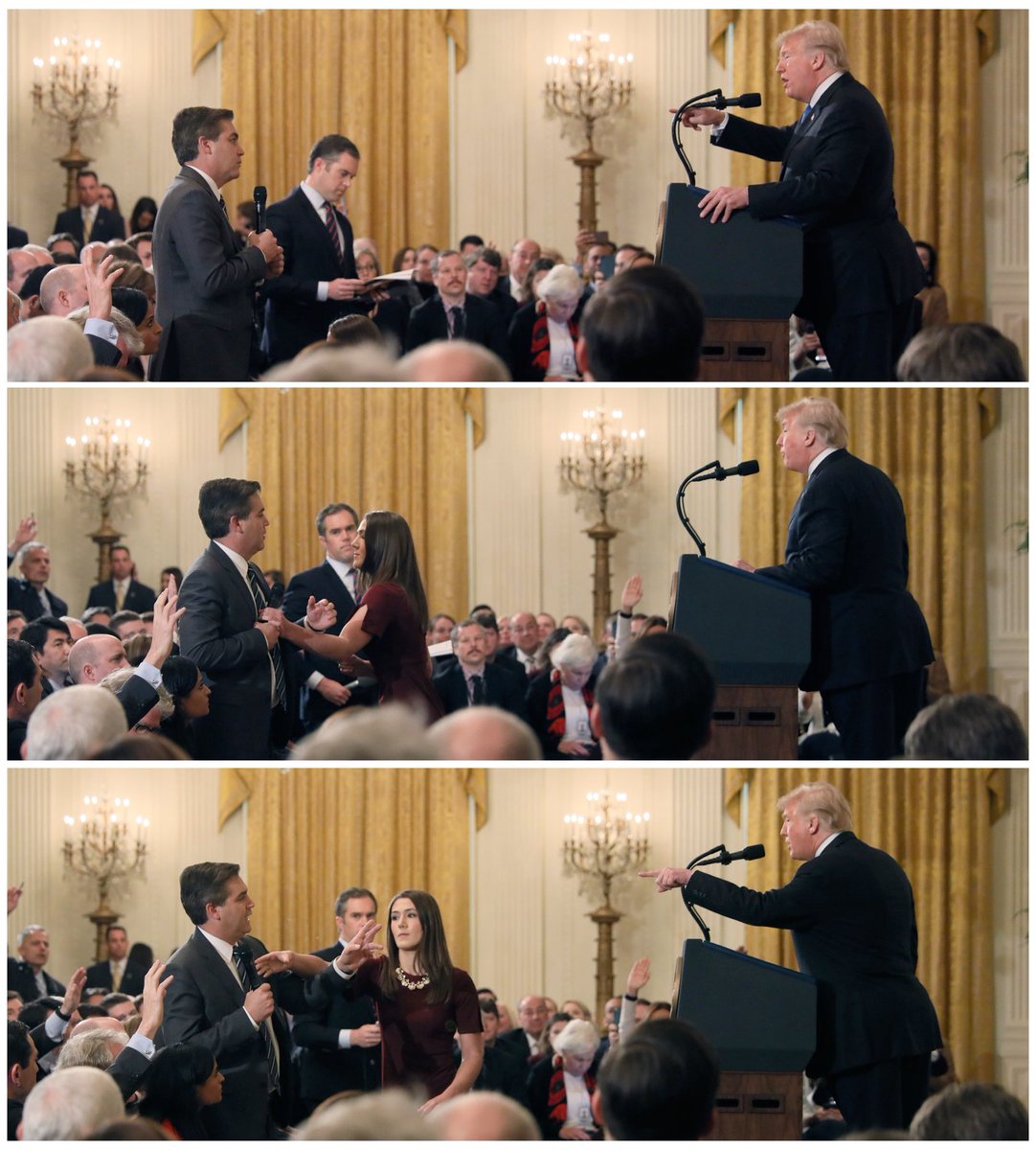 I was seated next to ⁦@Acosta⁩ at today’s press conference and did not witness him “placing his hands” on the young intern, as the White House alleges. He held on to the microphone as she reached for it. The ⁦@Reuters⁩ pictures below depict what happened accurately.