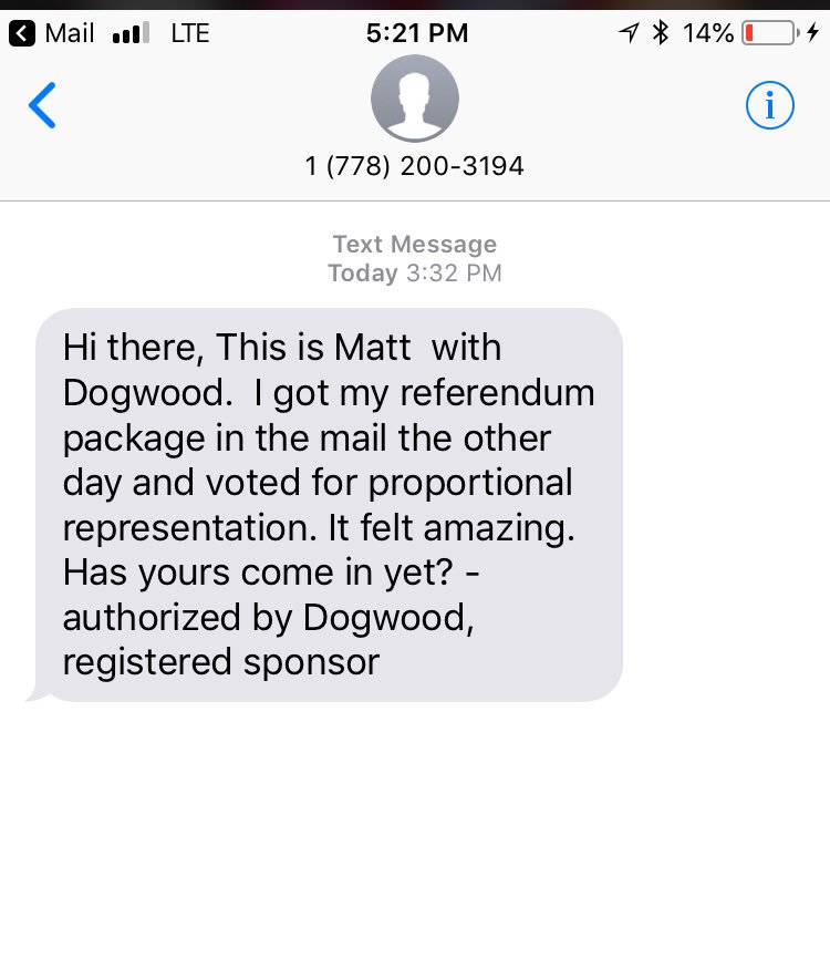 KrisLSimpson's tweet image. Have to say I am not impressed to receive an unsolicited text message on my personal phone from @dogwoodbc trying to influence my vote in the referendum on proportional representation- happy to say I voted already #NoBCProRep
