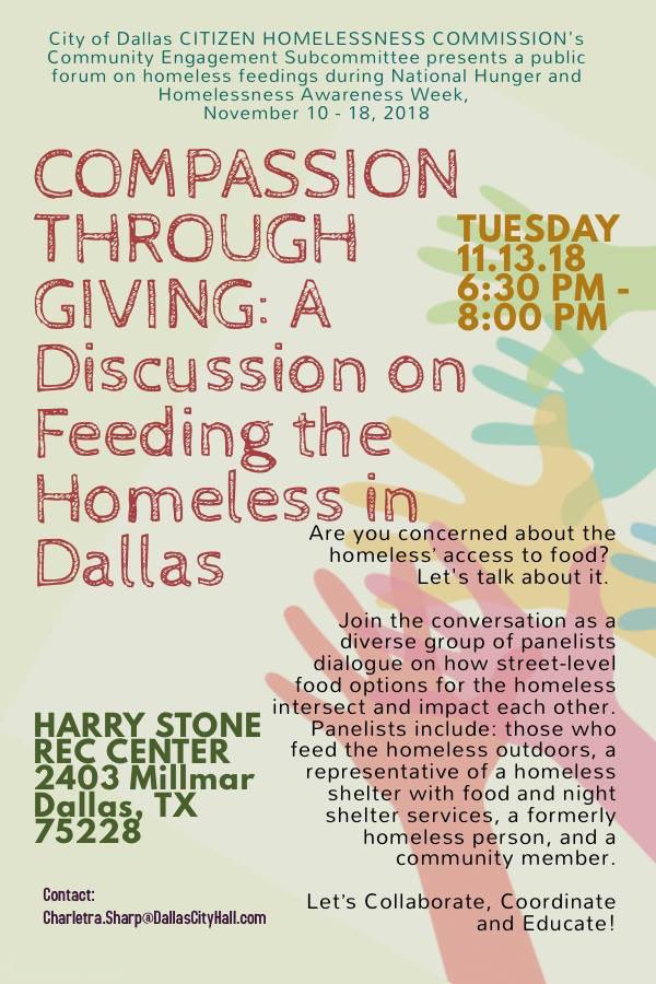 Join the City of Dallas Citizen #Homelessness Commission for an important panel discussion on homeless feedings in Dallas. Tue, Nov 13, 6:30-8pm
Harry Stone Rec Center
#DallasHomelessness  #FeedTheHomeless