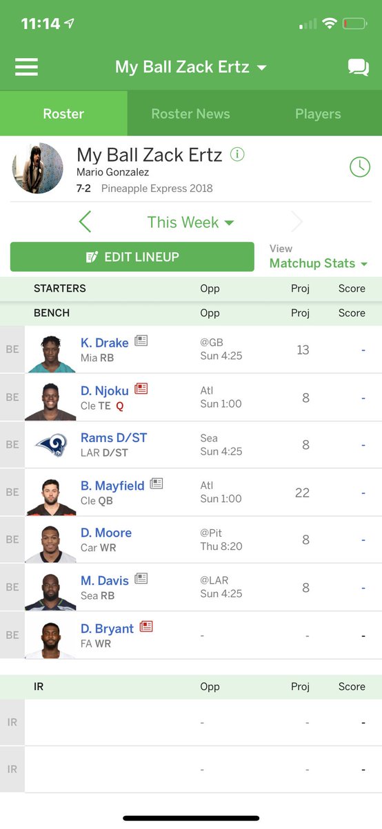 mrg357's tweet photo. @MitchellRenz365 Hey Mitch, I’m 7-2 in my PPR league would you trade Drake and Njoku for Bell? Check out my team below. Your advice would be greatly appreciated! https://t.co/IwJqJANt1i