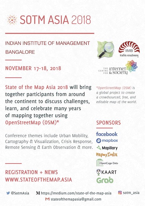 I’m stoked to see the program we’ve put together for <a href="/SotmAsia/">State of the Map Asia</a>. It’s an amazing mix of conversations - tech, culture, community, conservation, health, humanitarian and policy. 4 days until registrations close. Grab your tickets today! #SOTMAsia18 stateofthemap.asia/program/
