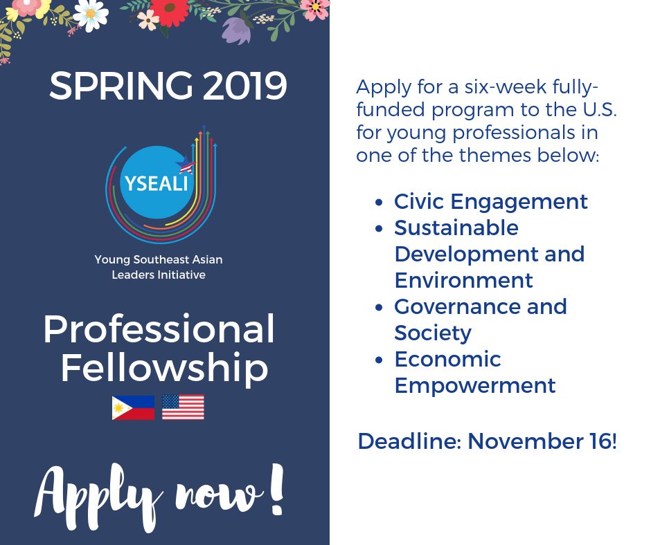 USGAAMagCot's tweet photo. The YSEALI Professional Fellowship Program is a two-way exchange program designed to promote mutual understanding, enhance leadership and professional skills, as well as build lasting, sustainable partnerships between mid-level emerging leaders from Southeast Asia and the US! https://t.co/4mUQ0xi60i