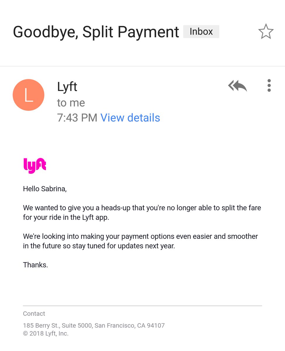 SabrinaWu's tweet photo. Split payment was a nice feature, @lyft. I'm sorry to see it go. Any chance you might reconsider? #lyft #feedback https://t.co/hQEEycVPf7
