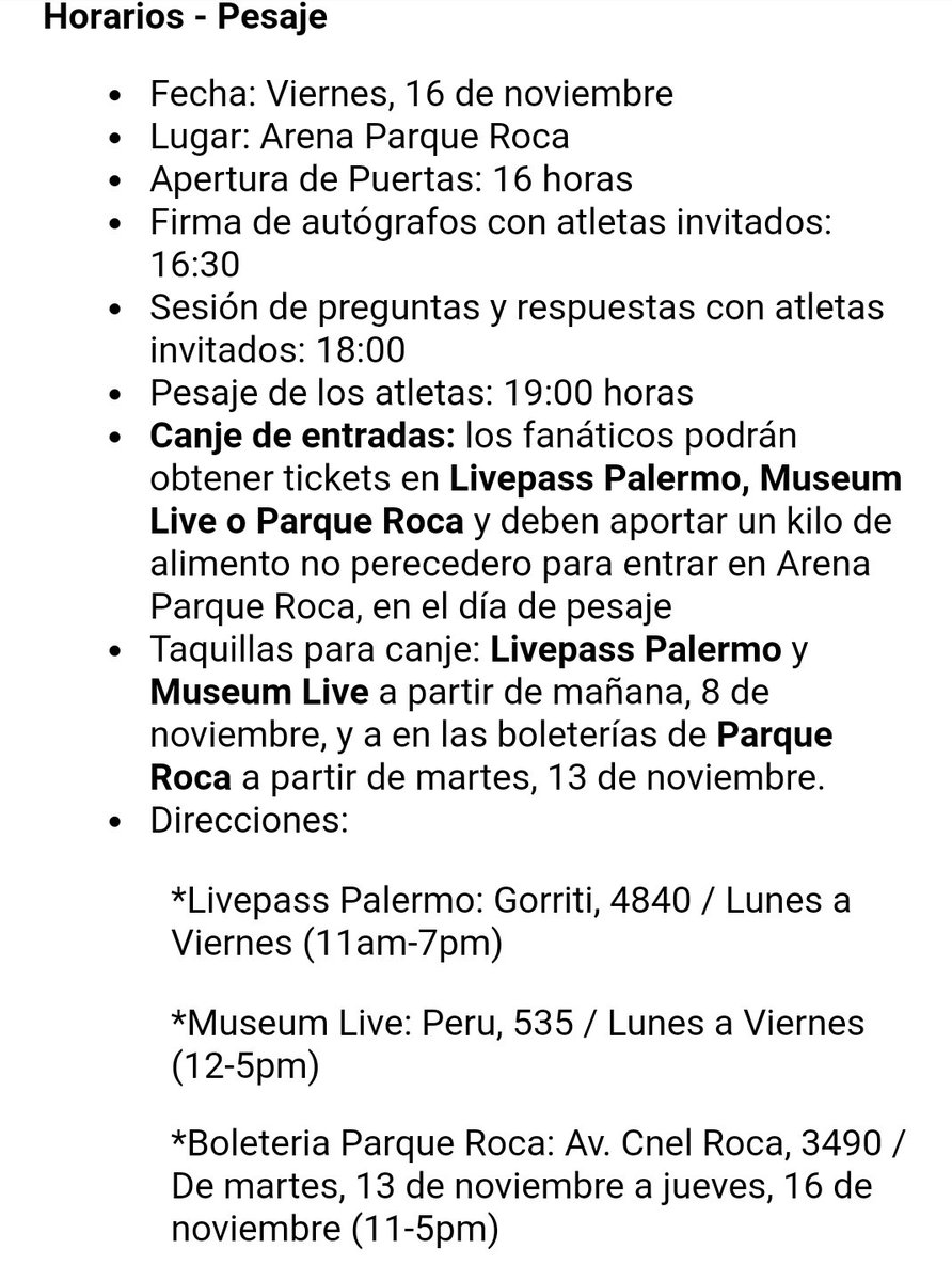 ATENCIÓN: Los fans podrán ingresar al pesaje de #UFCArgentina 🇦🇷 con la
donación de un kilo de alimento no perecedero.