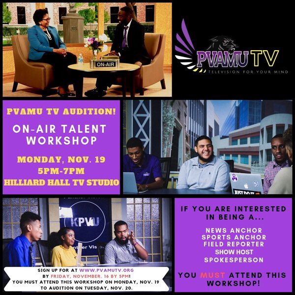 KPVU_TV's tweet photo. Want to join #PVAMUTV? Join us for this On-Air Talent Workshop on Monday, Nov. 19 at 5pm. We'll get you ready for the Spring 2019 PVAMU TV Auditions & Recruitment on Tuesday, Nov 20! Sign up at https://t.co/9xNHDiDemF by Friday Nov 16th!! #PVAMU #PVAMU22 #PVAMU21 #PVAMU20 https://t.co/q3I330uZlX