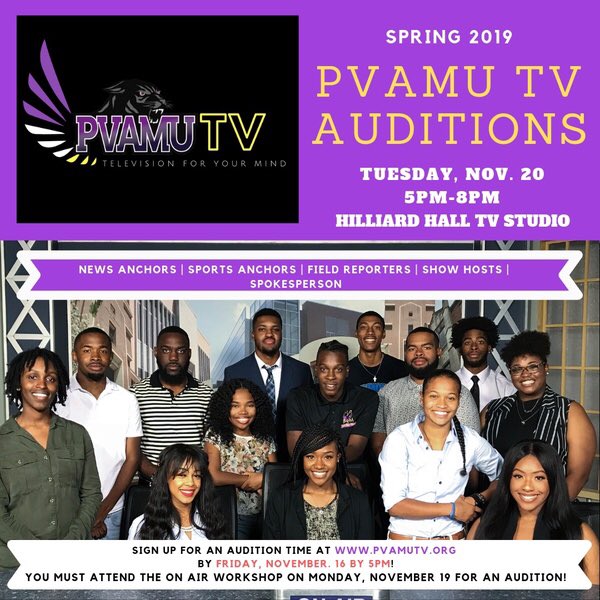 KPVU_TV's tweet photo. Want to join #PVAMUTV? Join us for this On-Air Talent Workshop on Monday, Nov. 19 at 5pm. We'll get you ready for the Spring 2019 PVAMU TV Auditions & Recruitment on Tuesday, Nov 20! Sign up at https://t.co/9xNHDiDemF by Friday Nov 16th!! #PVAMU #PVAMU22 #PVAMU21 #PVAMU20 https://t.co/q3I330uZlX